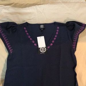 Bobeau Embroidered V-neck flutter sleeve top
